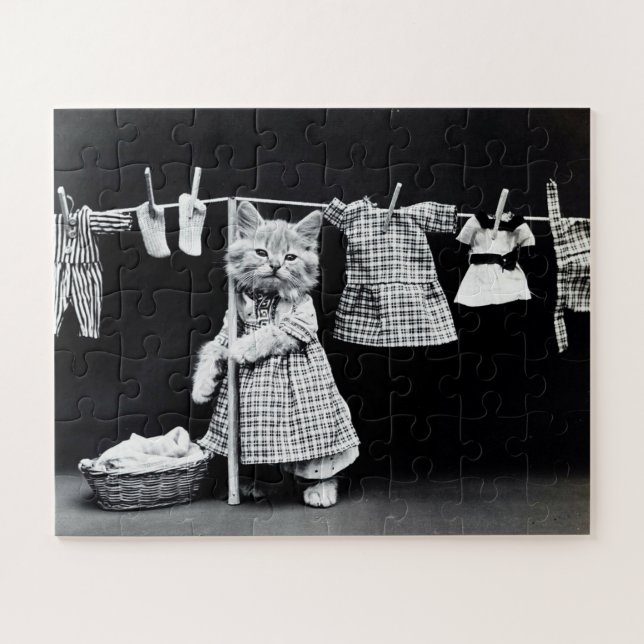 Puzzle Día divertido de lavado de ropa de gato (Horizontal)