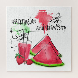 Puzzle Dibujo acuarela de sandía y fresas