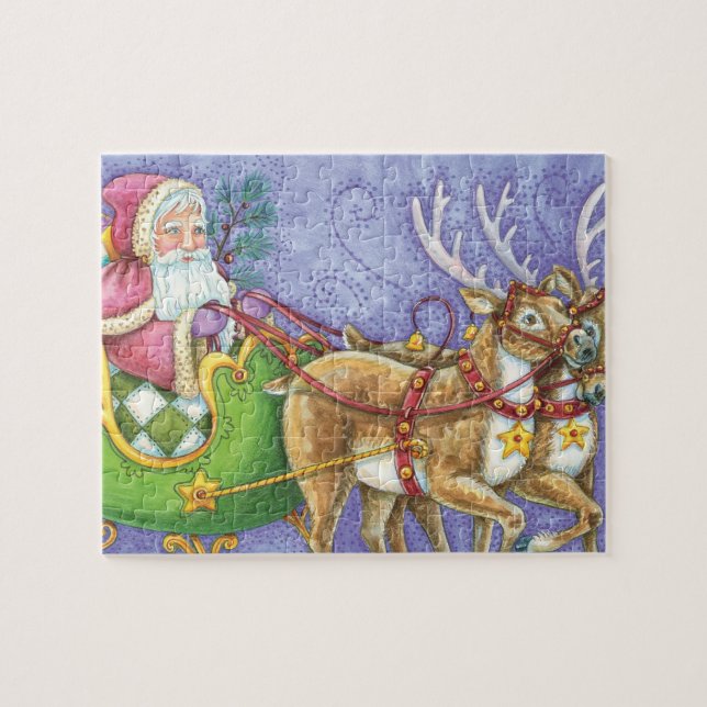 Puzzle Dibujo animado lindo Papá Noel Navidad Trineo Reno (Horizontal)