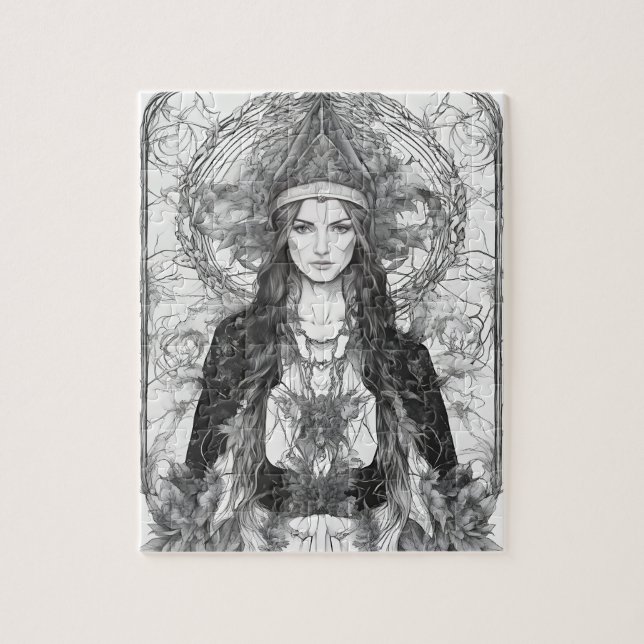 Puzzle Dibujo blanco y negro de una bella bruja (Vertical)