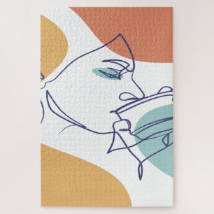 Puzzle dibujo de arte de línea de póster de mujer bebiend