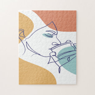 Puzzle dibujo de arte de línea de póster de mujer bebiend