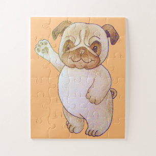 Puzzle dibujo de carácter lindo del perro ondeando un pug