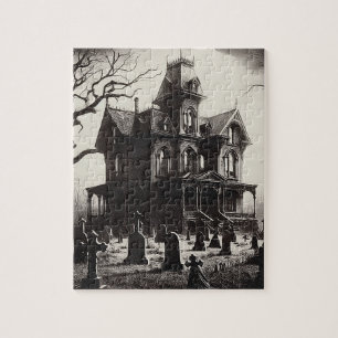 Puzzle Dibujo de casa embrujada espeluznante cementerio