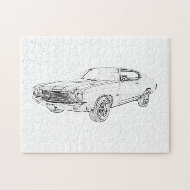 Puzzle Dibujo de Chevelle Chevrolet Negro y Blanco 1970 (Horizontal)