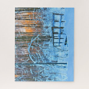 Puzzle Dibujo de un paisaje invernal al atardecer