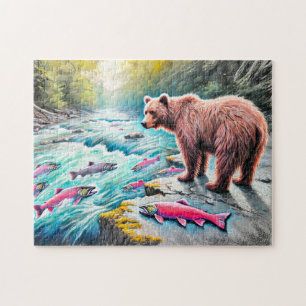 Puzzle Dibujo en tiza pastel de oso pardo observando salm