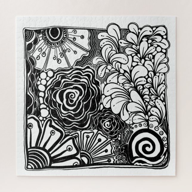 Puzzle Dibujo Floral Zen blanco y negro con estampado (Vertical)