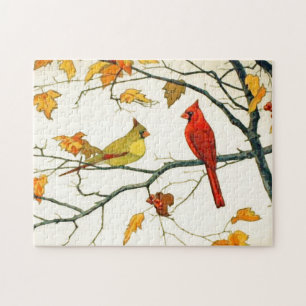 Puzzle Dibujo japonés, cardenales en una rama de otoño