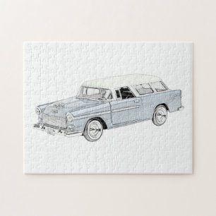 Puzzle Dibujo Nómada Chevy 1955 azul y blanco