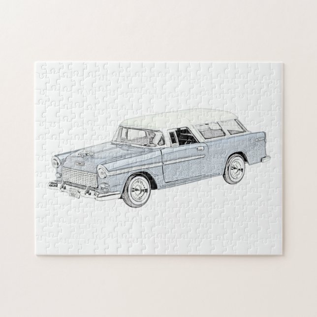 Puzzle Dibujo Nómada Chevy 1955 azul y blanco (Horizontal)