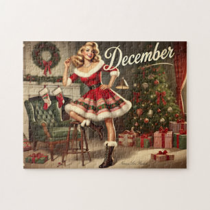 Puzzle Diciembre Navidades retro rubio Chica de Pin-Up