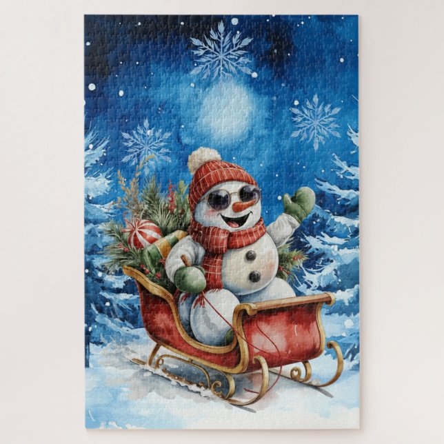 Puzzle Difficult Blue Winter Christmas Snowman (Vertical)