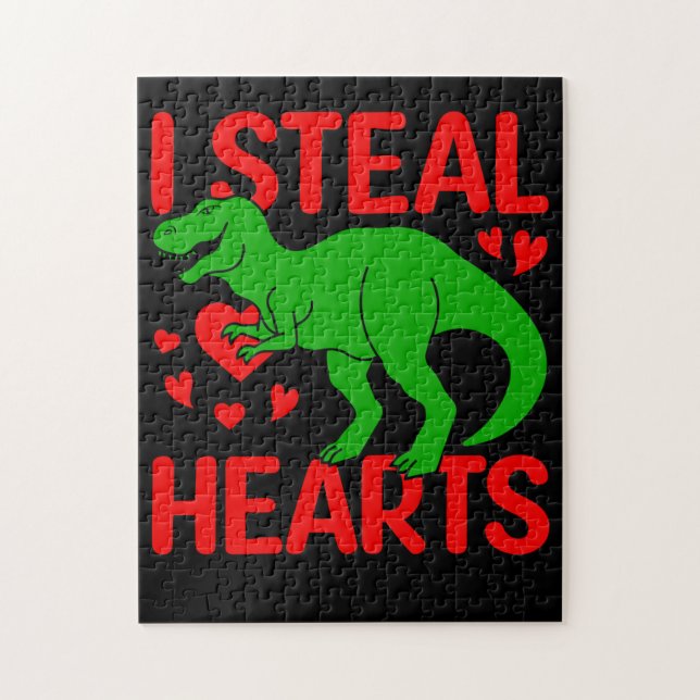 Puzzle Dinosaurio verde Valentine I Robar corazones (Vertical)