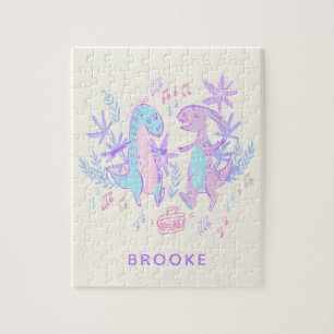 Puzzle Dinosaurios de danza pastel azul morado personaliz