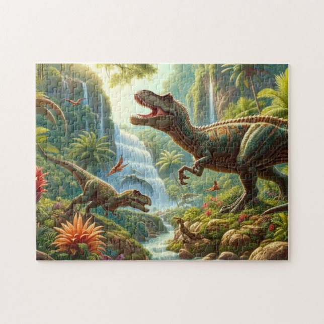 Puzzle Dinosaurios divertidos en niños tropicales del bos (Horizontal)