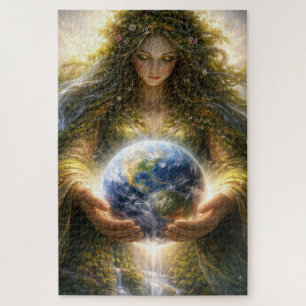 Puzzle Diosa Gaia sosteniendo suavemente el planeta Tierr