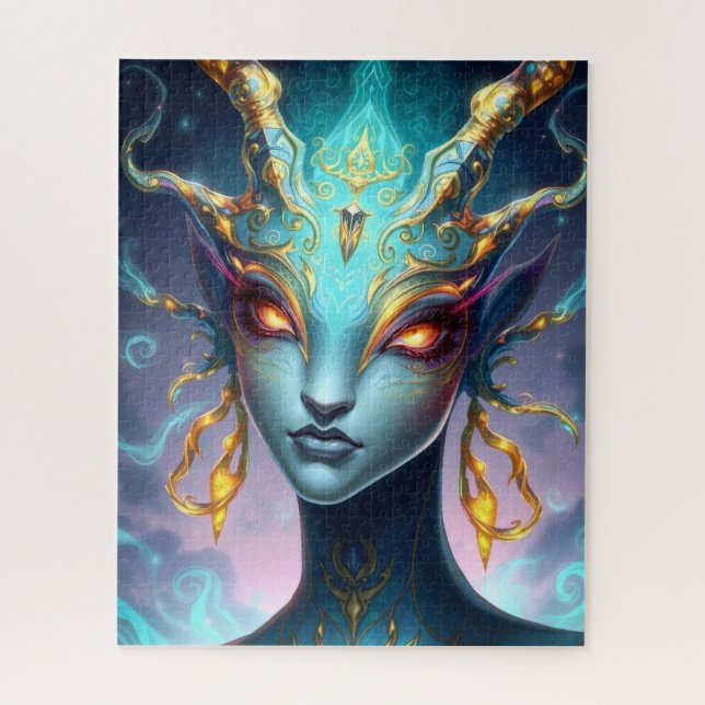 Puzzle Diosa Teal Hipnótica con Ojos Espirales Brillantes (Vertical)