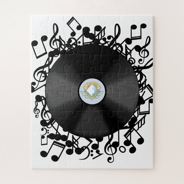 Puzzle Disco de vinilo antiguo y notas musicales (Vertical)