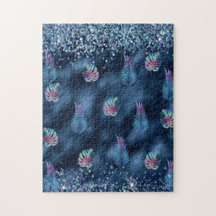 Puzzle Diseño azul oscuro con hojas turquesas y rosas