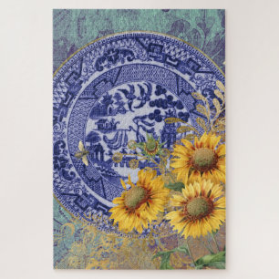 Puzzle Diseño Blue Willow China Plate & Sunflower
