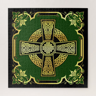Puzzle Diseño de cruz/negro/oro/verde celta irlandés
