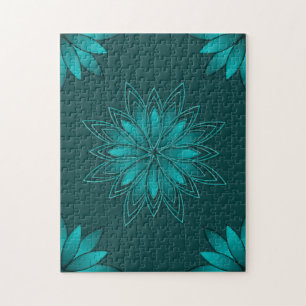 Puzzle Diseño de Mandala de Hoja Verde Azulada sobre Cian
