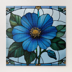 Puzzle 🔷 Diseño Floral de Vidrio Pintado Azul
