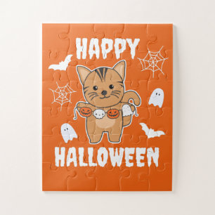 Puzzle Disfraz de bata de calabaza de Halloween Feliz Gat