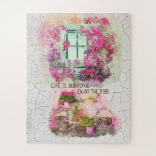 Puzzle Disfruta Del Paseo   Bicicleta acuarela con flores
