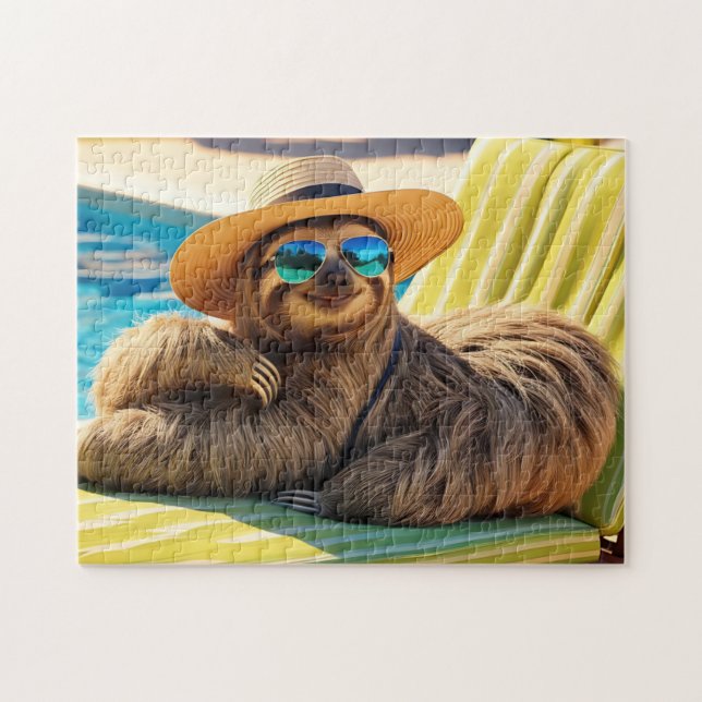 Puzzle Divertida Sloth en gafas de sol junto a la piscina (Horizontal)