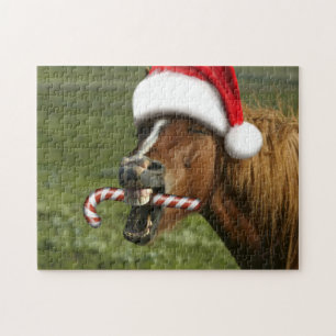 Puzzle Divertido caballo de Navidades con sombrero Santa 