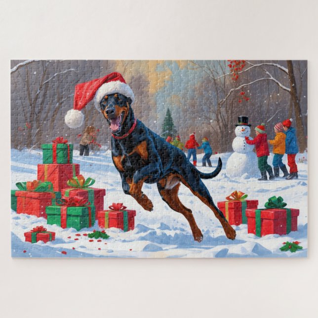 Puzzle Doberman corre en Nieve con Gorra Navidad (Horizontal)
