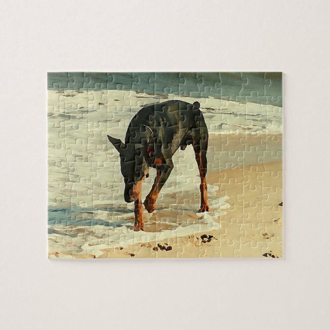 Puzzle Doberman en la imagen de la pintura de la playa (Horizontal)