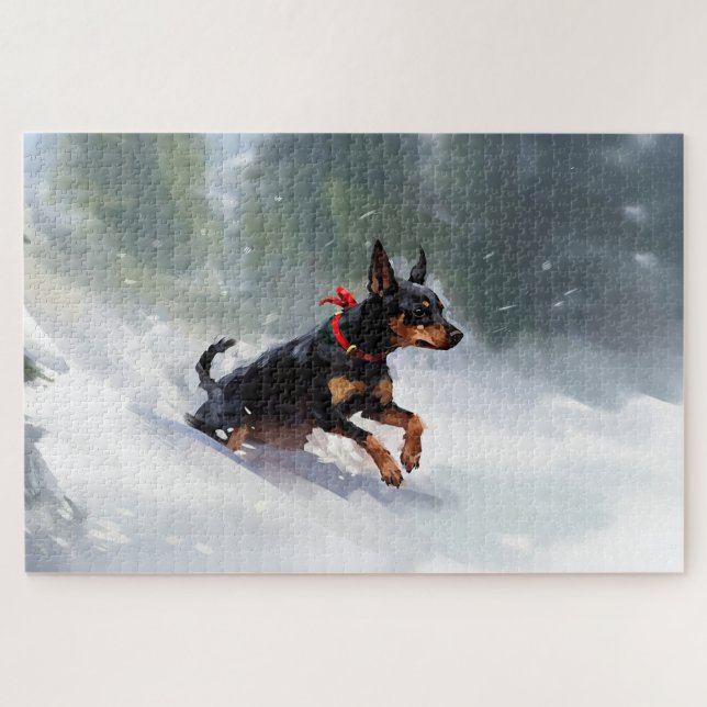 Puzzle Doberman Pinscher Navidad nieve invierno (Horizontal)