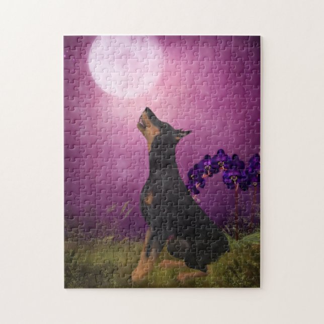 Puzzle Doberman Purple Fantasy Orchids Dog Art (Vertical)