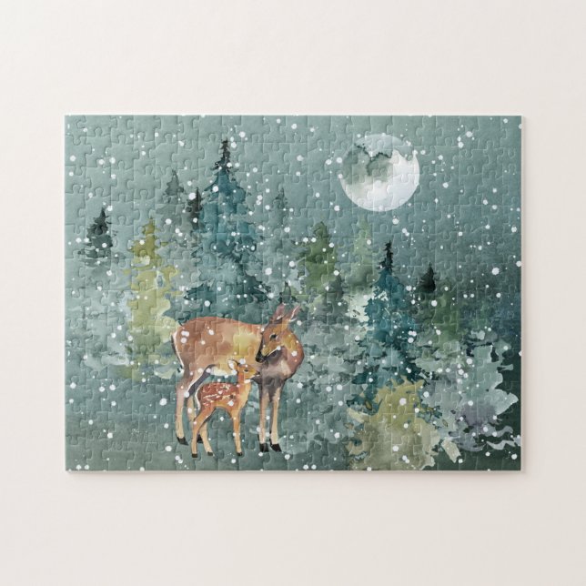 Puzzle Doe and Fawn Deer in Forest Full Moon Snowfall (Horizontal)