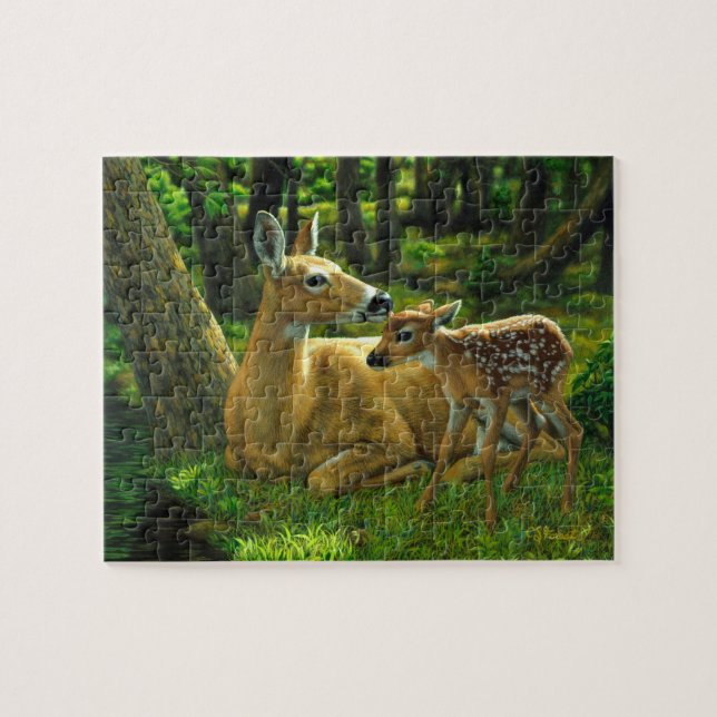 Puzzle Doe de ciervo blanco y amanecer en primavera (Horizontal)