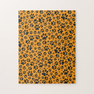 Puzzle Dog Paws Black & White Polka Dot on dahlia orange