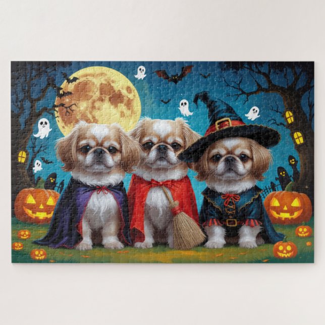 Puzzle Dogs pekingeses Calabaza Halloween Graciosa (Horizontal)