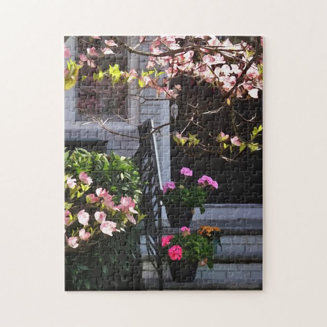 Puzzle Dogwood rosa y ollas de geranios (Vertical)