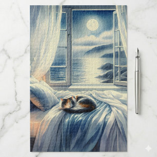 Puzzle Dormitorio costero iluminado por la luna con gato 