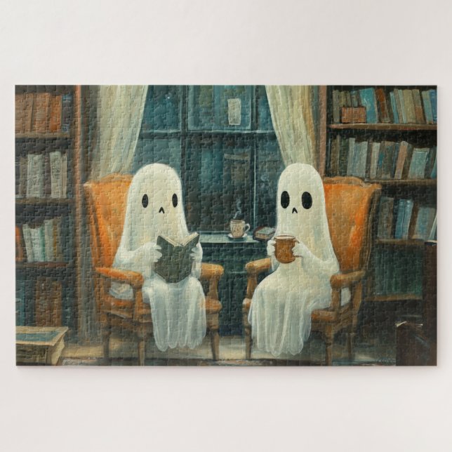 Puzzle Dos acogedores fantasmas leyendo en una biblioteca (Horizontal)