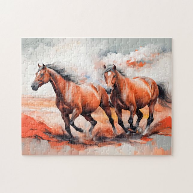 Puzzle Dos caballos castaños corriendo a través de arena  (Horizontal)