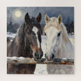Puzzle Dos caballos en una granja nevada bajo la luna