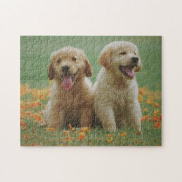 Puzzle Dos Cachorros de Golden Retriever en las flores