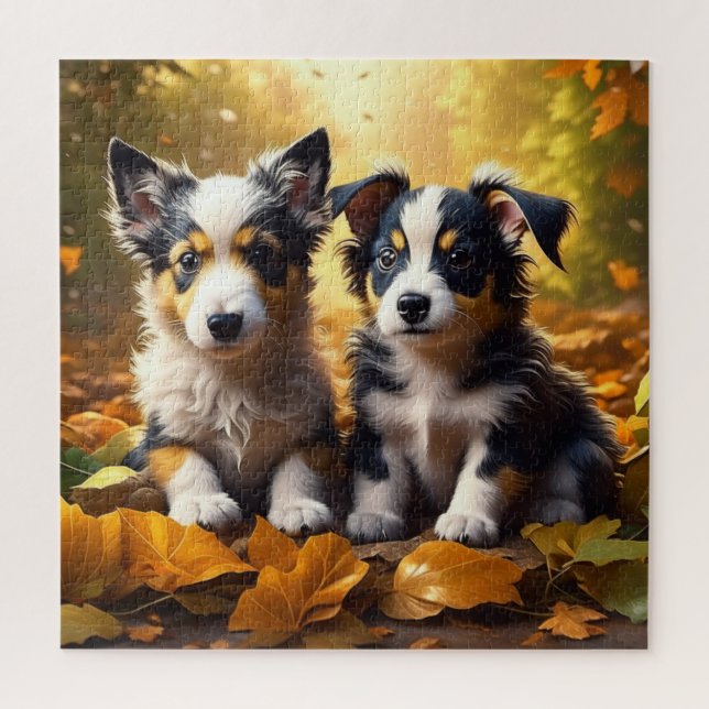 Puzzle Dos cachorros de maíz en hojas de otoño (Vertical)