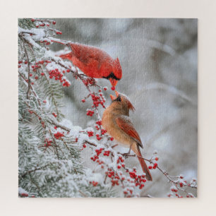 Puzzle Dos cardenales con bayas rojas en invierno