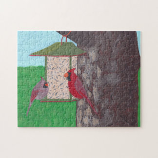 Puzzle Dos cardenales en el alimentador, pintura, rompeca