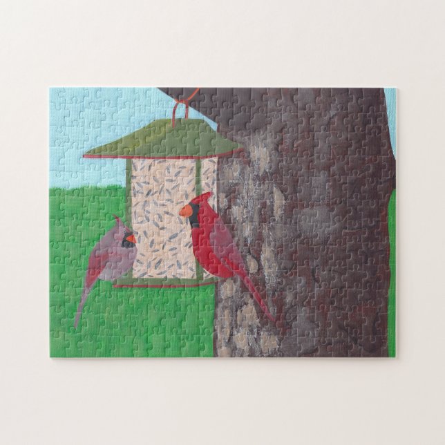 Puzzle Dos cardenales en el alimentador, pintura, rompeca (Horizontal)